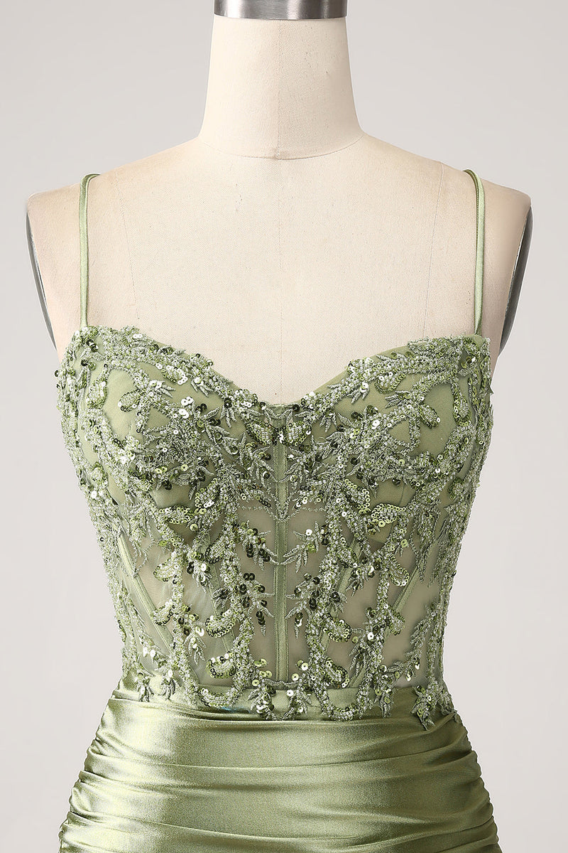 Load image into Gallery viewer, Sage Satin Mermaid Spaghetti Straps Formal Dress With Slit