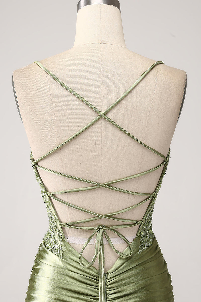 Load image into Gallery viewer, Sage Satin Mermaid Spaghetti Straps Formal Dress With Slit
