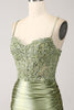 Load image into Gallery viewer, Sage Satin Mermaid Spaghetti Straps Formal Dress With Slit