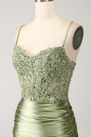 Load image into Gallery viewer, Sage Satin Mermaid Spaghetti Straps Formal Dress With Slit