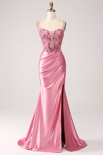 Pink Mermaid Spaghetti Straps Satin Corset Formal Dress with Slit