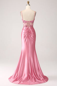 Pink Mermaid Spaghetti Straps Satin Corset Formal Dress with Slit