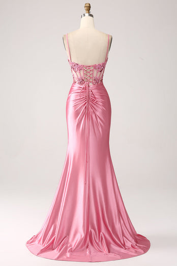 Pink Mermaid Spaghetti Straps Satin Corset Formal Dress with Slit