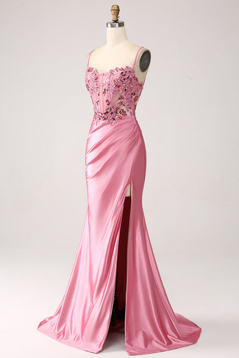 Pink Mermaid Spaghetti Straps Satin Corset Formal Dress with Slit