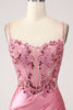 Load image into Gallery viewer, Pink Mermaid Spaghetti Straps Satin Corset Formal Dress with Slit