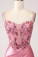 Load image into Gallery viewer, Pink Mermaid Spaghetti Straps Satin Corset Formal Dress with Slit