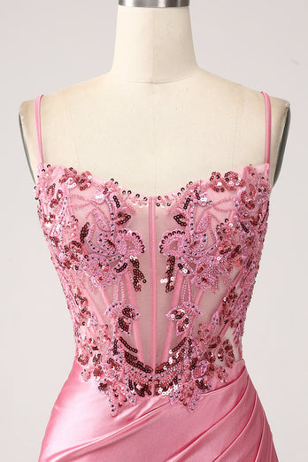 Pink Mermaid Spaghetti Straps Satin Corset Formal Dress with Slit