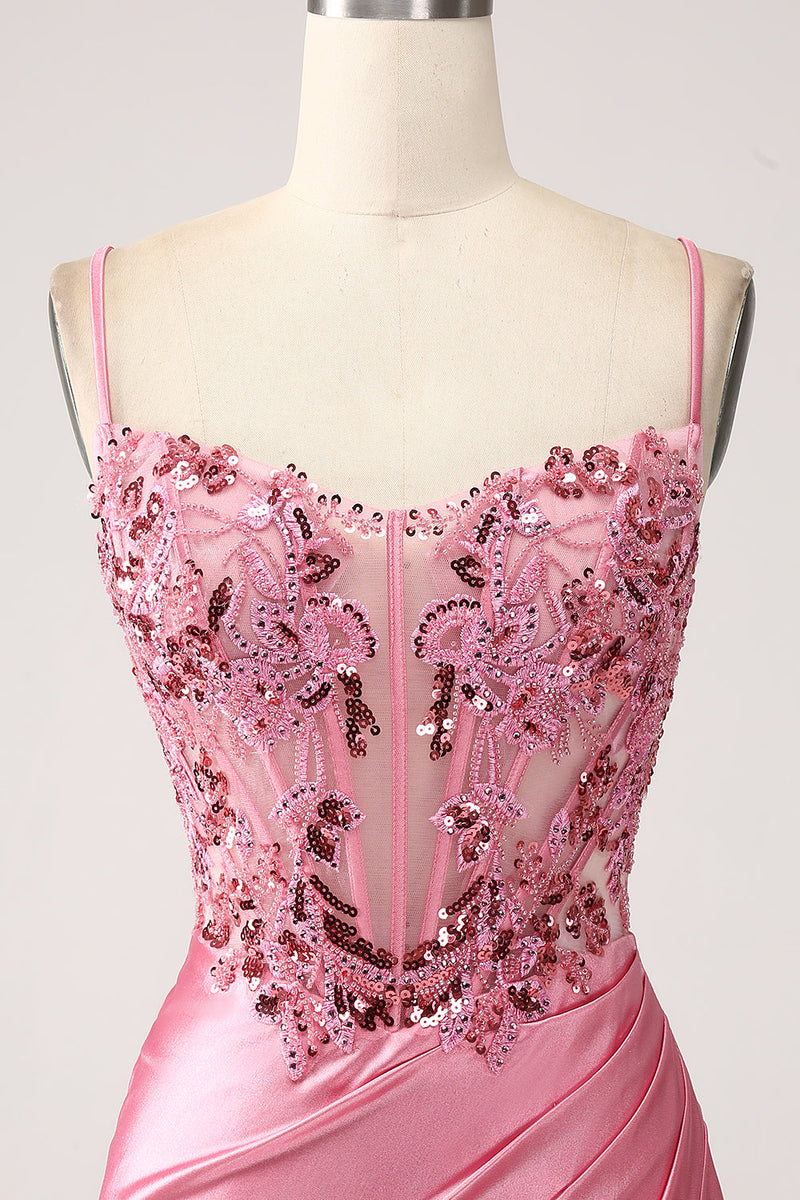 Load image into Gallery viewer, Pink Mermaid Spaghetti Straps Satin Corset Formal Dress with Slit