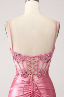 Load image into Gallery viewer, Pink Mermaid Spaghetti Straps Satin Corset Formal Dress with Slit