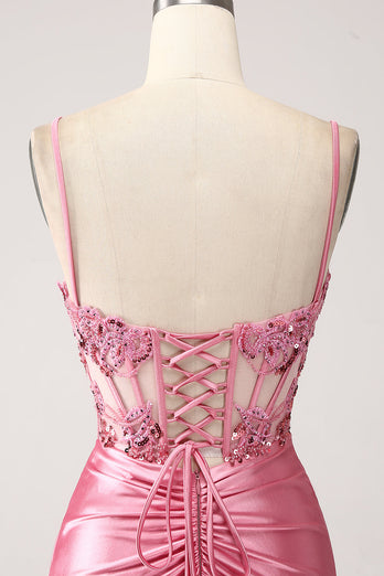 Pink Mermaid Spaghetti Straps Satin Corset Formal Dress with Slit