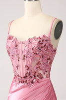 Load image into Gallery viewer, Pink Mermaid Spaghetti Straps Satin Corset Formal Dress with Slit