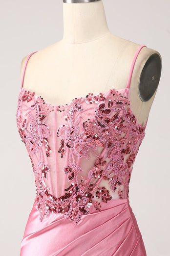 Pink Mermaid Spaghetti Straps Satin Corset Formal Dress with Slit