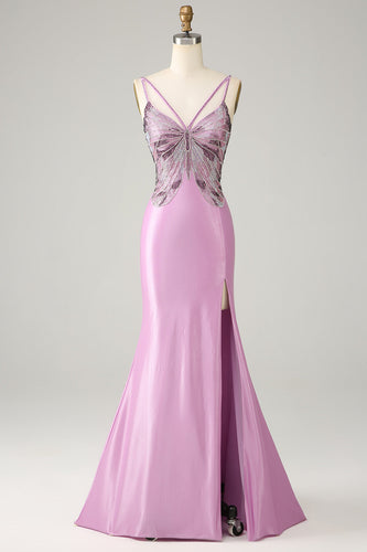 Purple Mermaid Spaghetti Straps Satin Formal Dress with Beading
