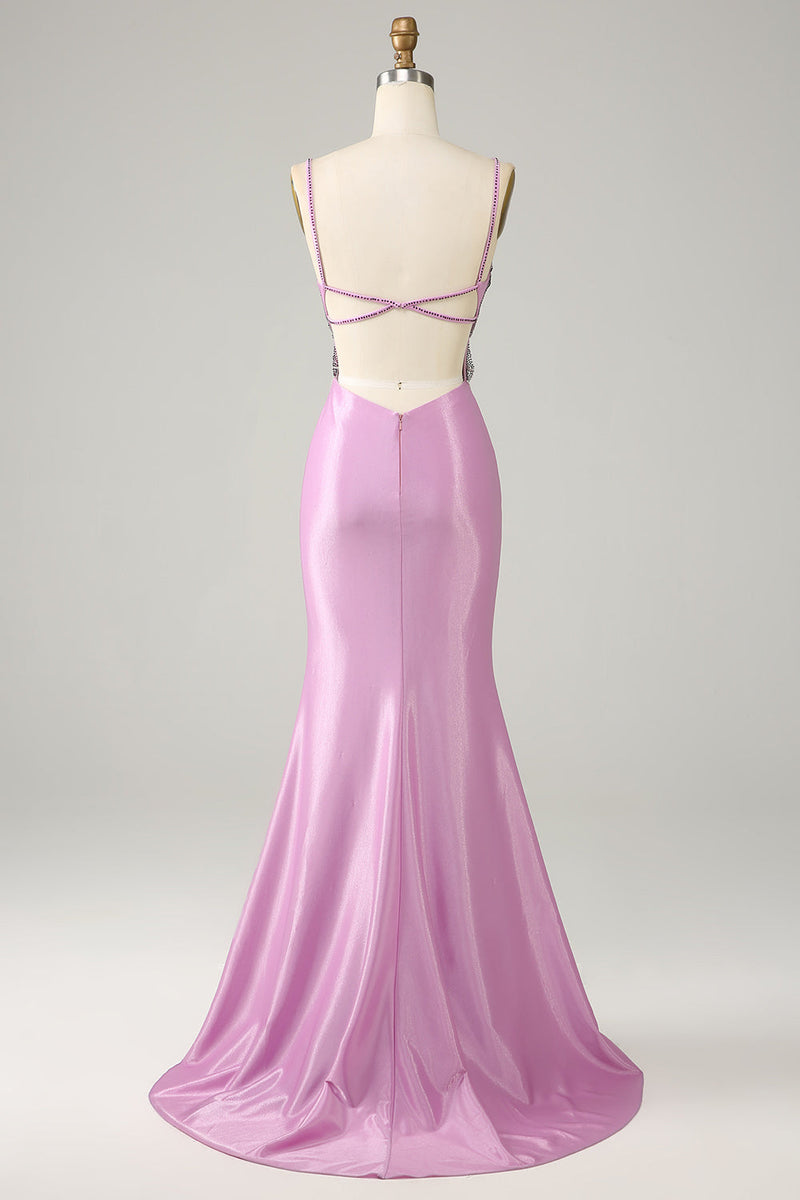 Load image into Gallery viewer, Purple Mermaid Spaghetti Straps Satin Formal Dress with Beading