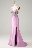 Load image into Gallery viewer, Purple Mermaid Spaghetti Straps Satin Formal Dress with Beading
