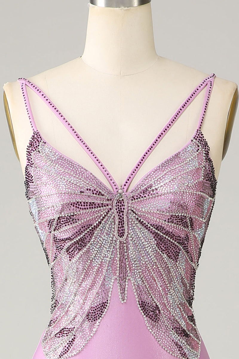 Load image into Gallery viewer, Purple Mermaid Spaghetti Straps Satin Formal Dress with Beading