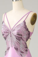 Load image into Gallery viewer, Purple Mermaid Spaghetti Straps Satin Formal Dress with Beading