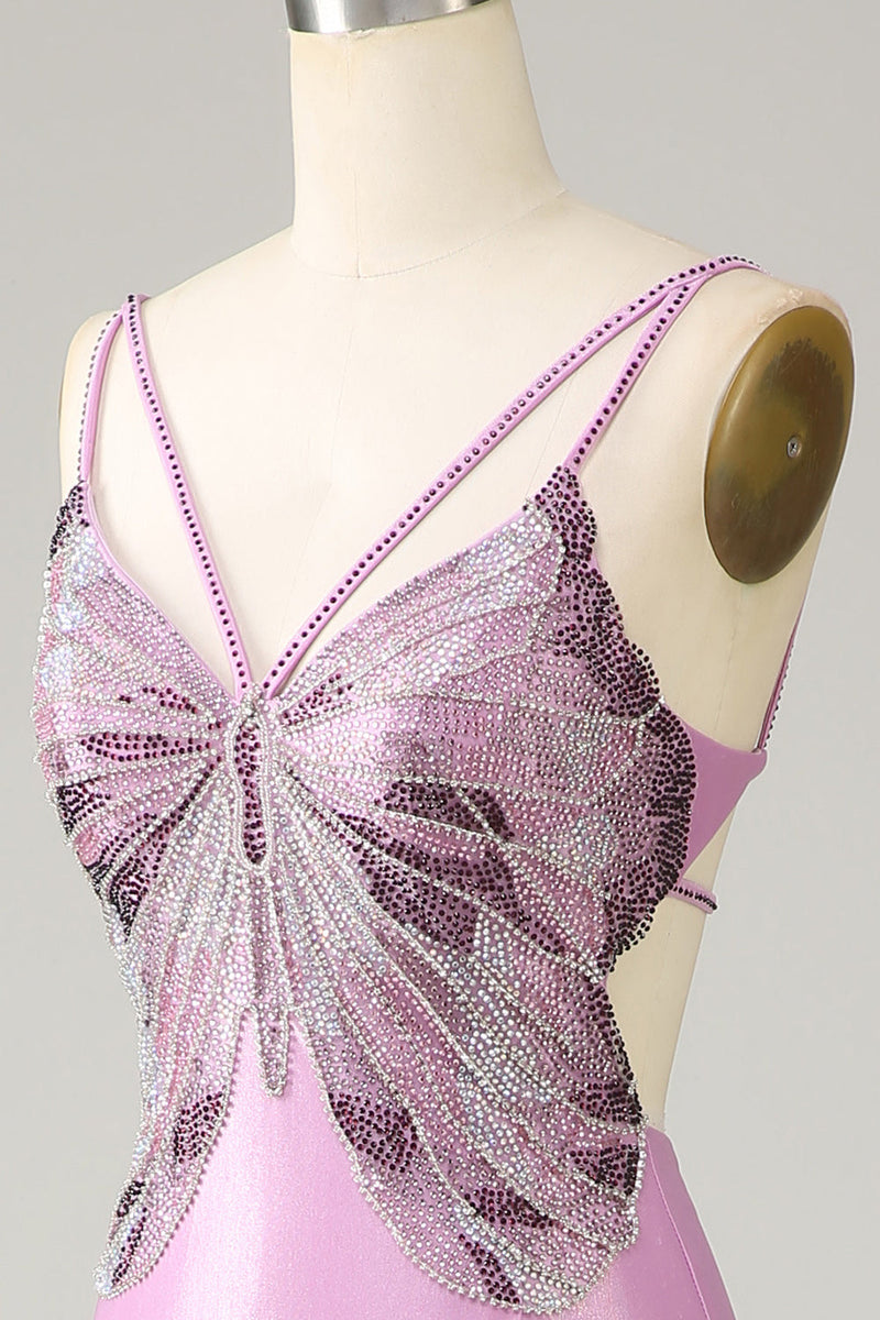 Load image into Gallery viewer, Purple Mermaid Spaghetti Straps Satin Formal Dress with Beading