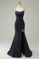 Load image into Gallery viewer, Sparkly Navy Spaghetti Straps Beaded Long Formal Dress with Slit
