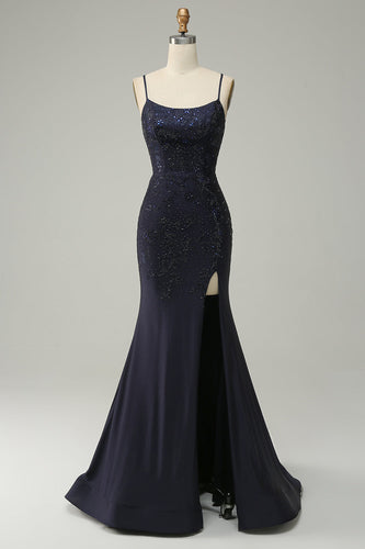 Navy Spaghetti Straps Beaded Mermaid Formal Dress with Slit