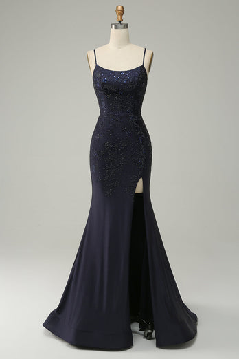Navy Spaghetti Straps Beaded Mermaid Formal Dress with Slit