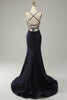 Load image into Gallery viewer, Navy Spaghetti Straps Beaded Mermaid Formal Dress with Slit