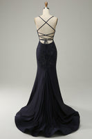 Load image into Gallery viewer, Navy Spaghetti Straps Beaded Mermaid Formal Dress with Slit