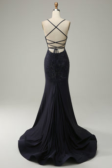 Navy Spaghetti Straps Beaded Mermaid Formal Dress with Slit