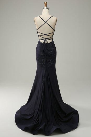 Navy Spaghetti Straps Beaded Mermaid Formal Dress with Slit