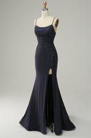 Load image into Gallery viewer, Navy Spaghetti Straps Beaded Mermaid Formal Dress with Slit