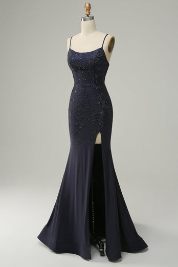 Navy Spaghetti Straps Beaded Mermaid Formal Dress with Slit