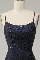Load image into Gallery viewer, Navy Spaghetti Straps Beaded Mermaid Formal Dress with Slit