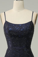 Load image into Gallery viewer, Sparkly Navy Spaghetti Straps Beaded Long Formal Dress with Slit