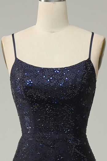 Navy Spaghetti Straps Beaded Mermaid Formal Dress with Slit