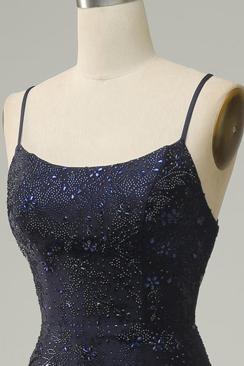 Navy Spaghetti Straps Beaded Mermaid Formal Dress with Slit