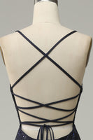 Load image into Gallery viewer, Navy Spaghetti Straps Beaded Mermaid Formal Dress with Slit