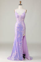 Load image into Gallery viewer, Sparkly Purple Mermaid Spaghetti Straps Corset Formal Dress with Slit