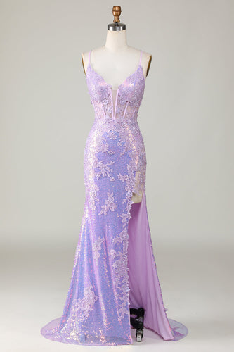 Sparkly Purple Mermaid Spaghetti Straps Corset Formal Dress with Slit