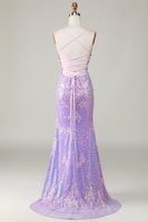 Load image into Gallery viewer, Sparkly Purple Mermaid Spaghetti Straps Corset Formal Dress with Slit