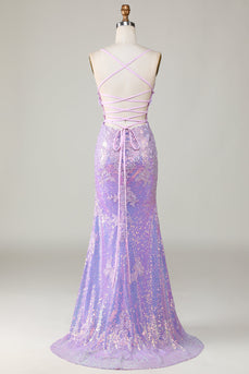 Sparkly Purple Mermaid Spaghetti Straps Corset Formal Dress with Slit