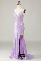Load image into Gallery viewer, Sparkly Purple Mermaid Spaghetti Straps Corset Formal Dress with Slit