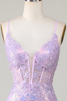 Load image into Gallery viewer, Sparkly Purple Mermaid Spaghetti Straps Corset Formal Dress with Slit