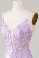 Load image into Gallery viewer, Sparkly Purple Mermaid Spaghetti Straps Corset Formal Dress with Slit
