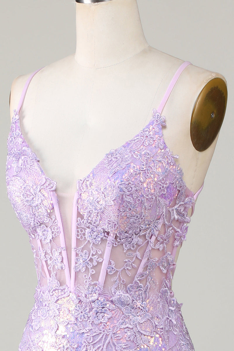 Load image into Gallery viewer, Sparkly Purple Mermaid Spaghetti Straps Corset Formal Dress with Slit
