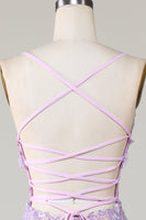 Load image into Gallery viewer, Sparkly Purple Mermaid Spaghetti Straps Corset Formal Dress with Slit