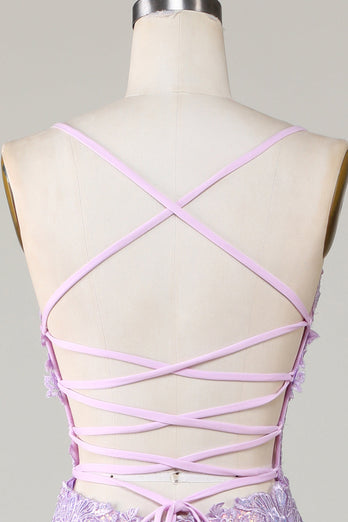 Sparkly Purple Mermaid Spaghetti Straps Corset Formal Dress with Slit