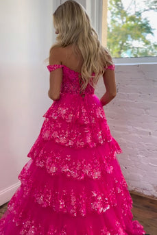 Glitter Hot Pink Corset Off the Shoulder Lace Long Formal Dress