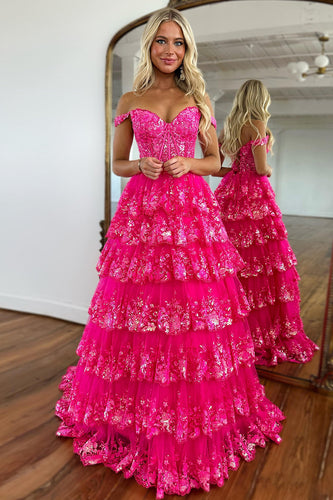 Glitter Hot Pink Corset Off the Shoulder Lace Long Formal Dress
