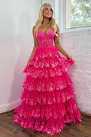 Load image into Gallery viewer, Glitter Hot Pink Corset Off the Shoulder Lace Long Formal Dress