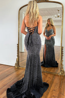 Sparkly Black Beaded Corset Long Formal Dress with Slit